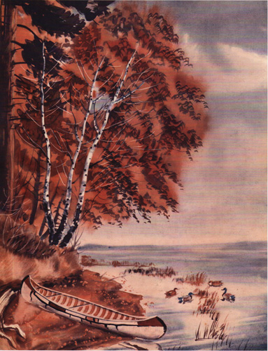 [fall scene with canoe and ducks in water]